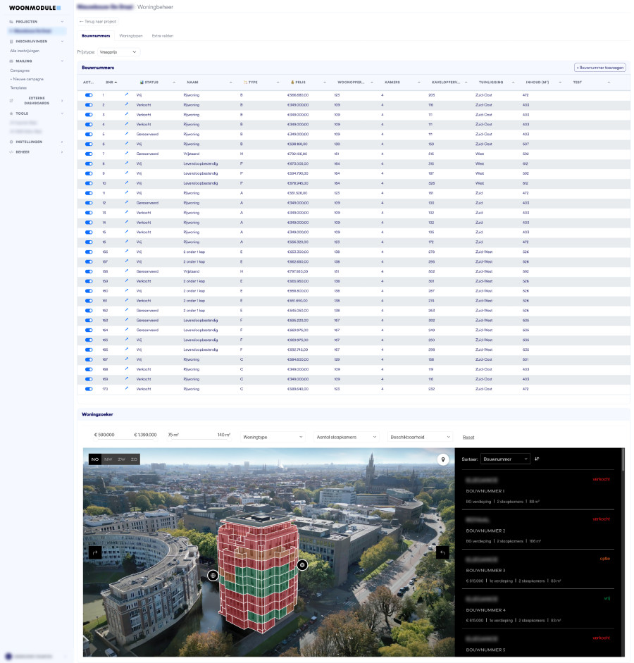 Bouwnummeroverzicht in Woonmodule Suite met status, prijs en woningtype per bouwnummer